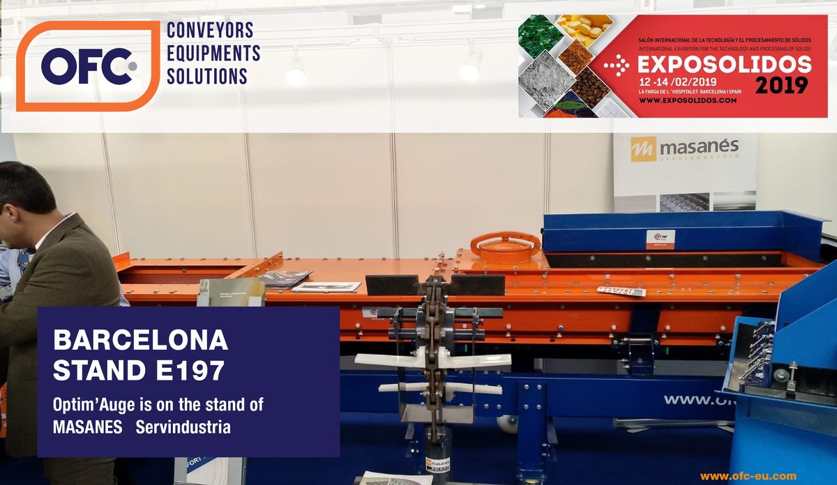 Stand E197 at Exposolidos Barcelona: orange and blue Optim'Auge trough shown on Masanés Servindustria's stand
