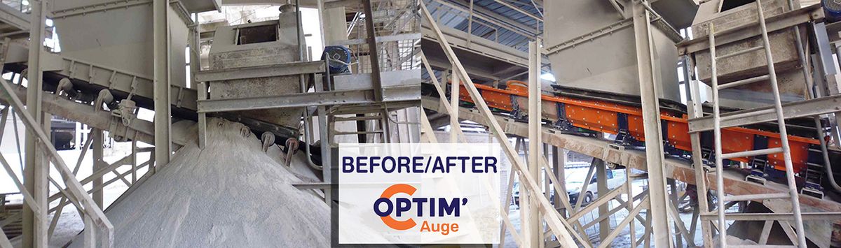 Before/after Optim'Auge: open conveyor above a pile of powder, then a conveyor fitted with an orange and blue trough