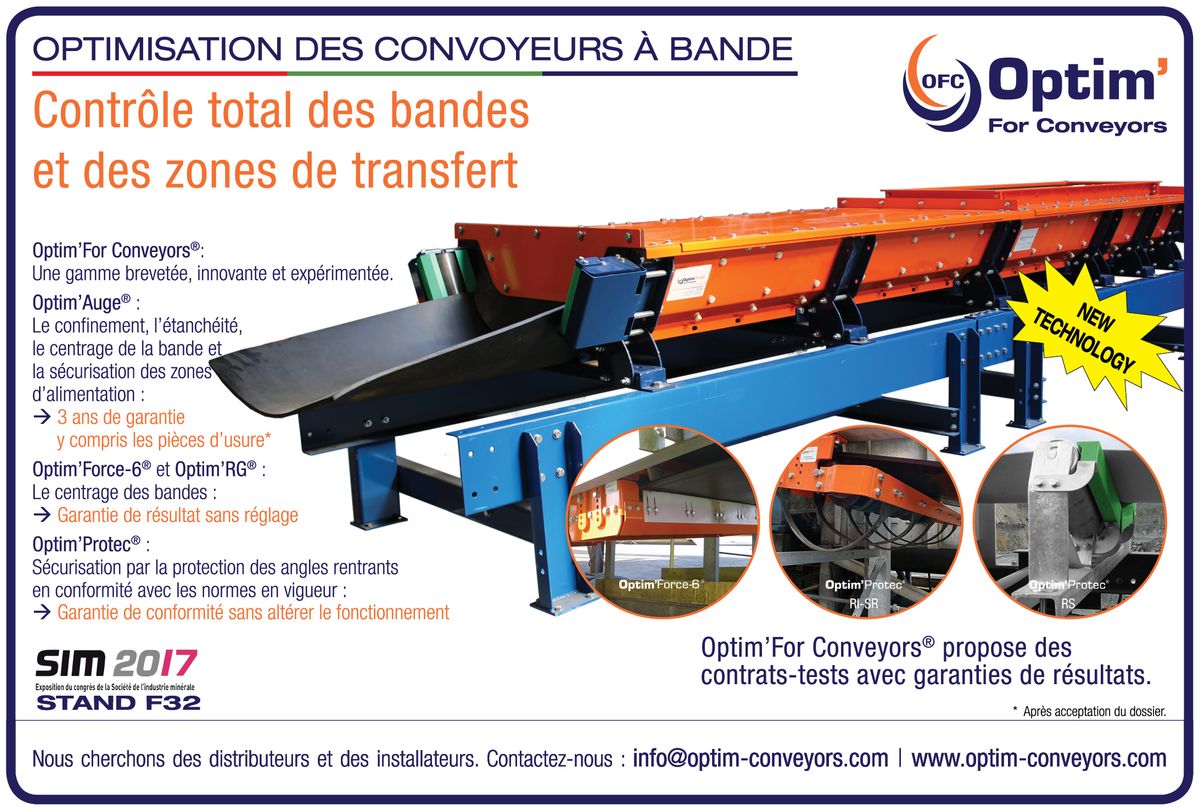 Publicité Optim'For Conveyors, SIM 2017 : « Contrôle total des bandes et des zones de transfert », avec une auge Optim'Auge