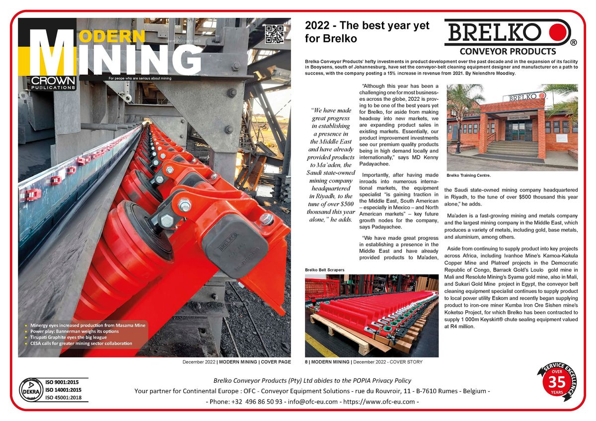 Article du magazine Modern Mining, décembre 2022 : « 2022 - The best year yet for Brelko », racleurs de bande Brelko